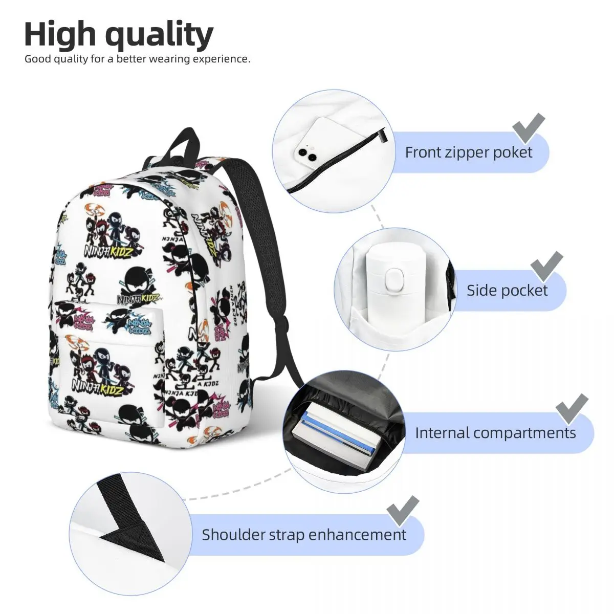 Bookbag Ninja Canvas School para Adolescentes, Pacote de desenhos animados para crianças, Mochia para faculdade média com bolso