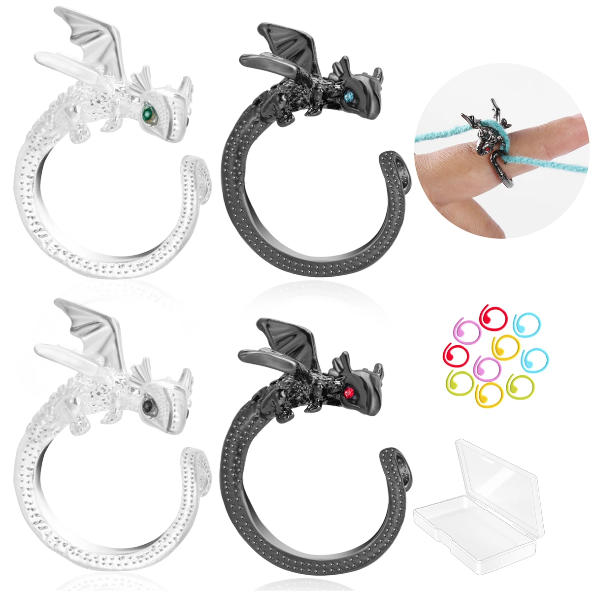 Kit de anillos ajustables en forma de dragón, bonitos anillos de tensión de ganchillo de dragón de Metal con marcadores de puntadas en espiral coloridos para tejer DIY