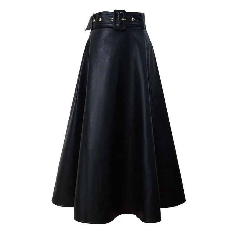 Leather  half body mid to long length, 2024 spring slim, big swing A-line  high waist umbrella  autumn and winter half skirt