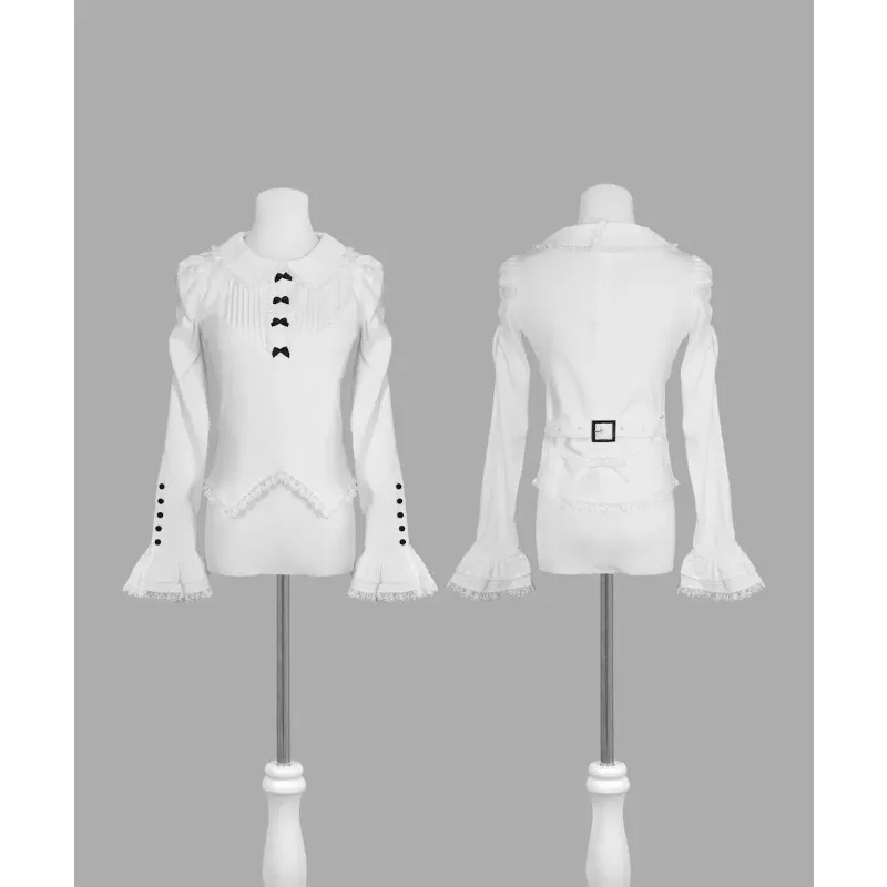 

Japanese Dark Goth Bowknot Collar Long Sleeve T-shirt Top Women Sweet Lace Trim Color Block Preppy Style Black and White Blouse