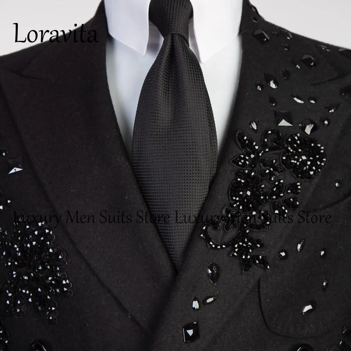 Formal Black Coat Men Suits Beads Peak Lapel Groom Wedding Tuxedos Peaked Lapel Male Prom Blazer Double Breasted Costume Homme