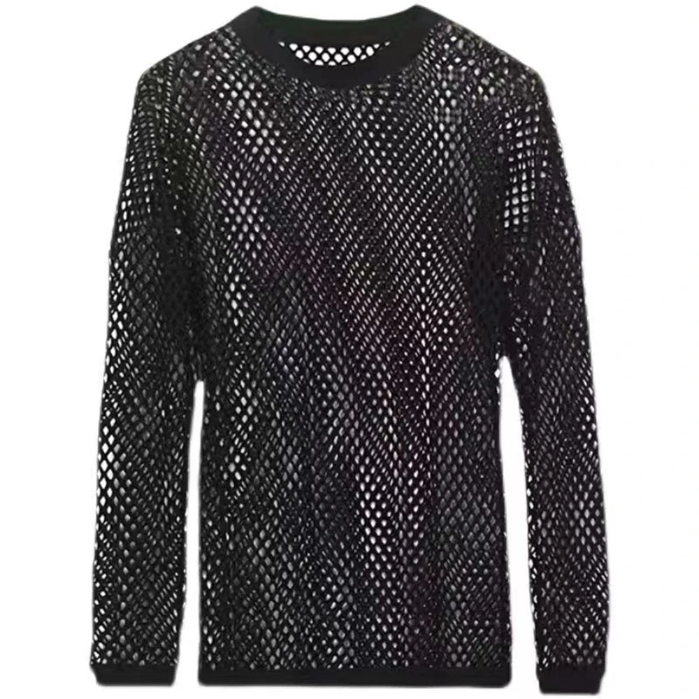 Mens Sexy Fishnet See Through T-Shirt Long Sleeve Transparent Tshirt Homme Punk Gothic Nightclub Prom T Shirt For Men Camisetas