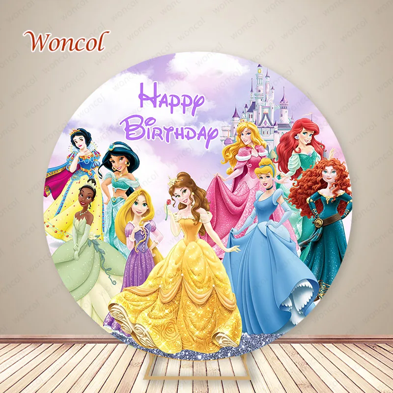 Disney Princess Round Backdrop Happy Birthday Photography Backdrop Personalized Baby Shower Circle Cover Decorations Photo Props