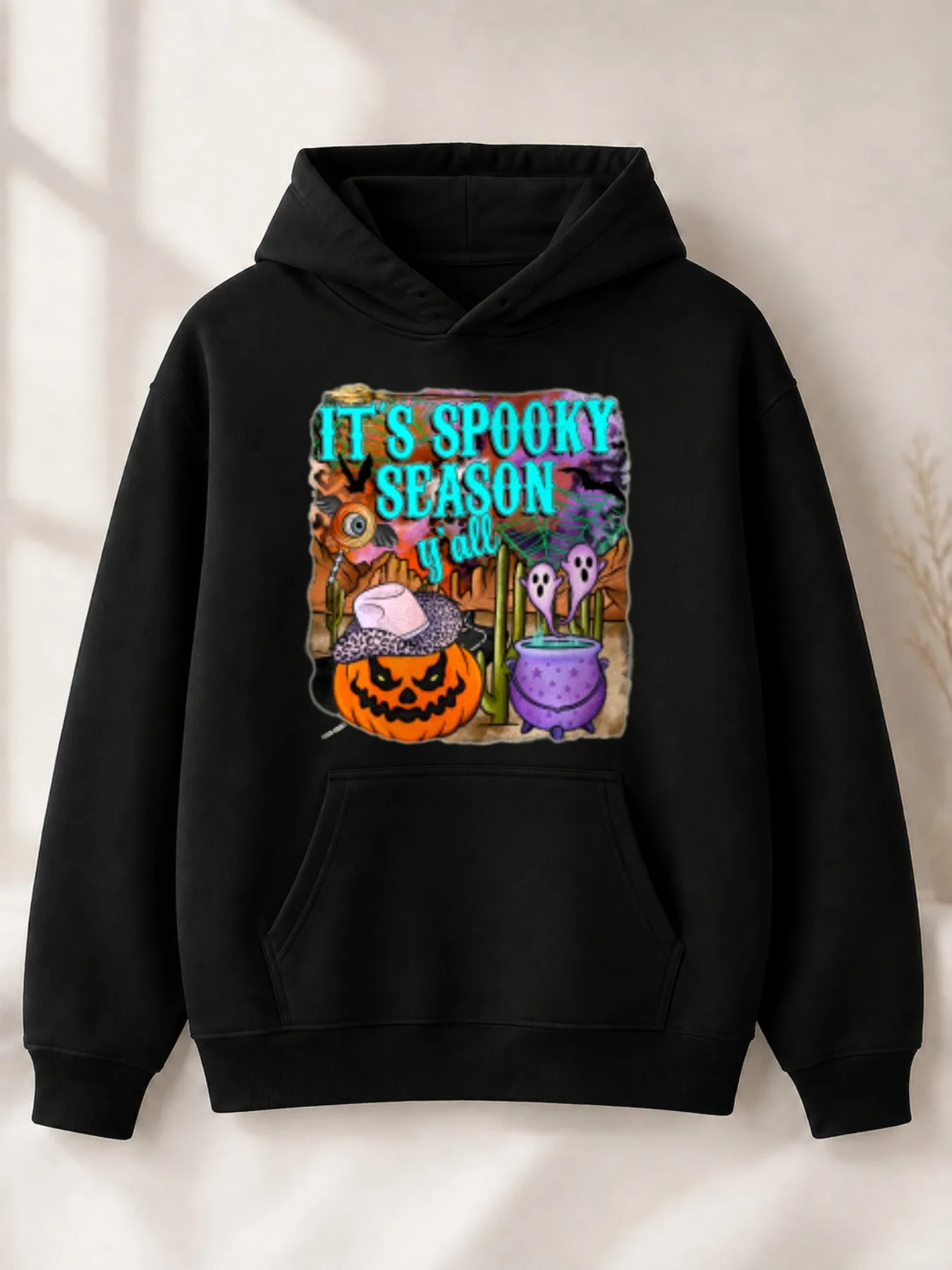 Casual Halloween-style Men's Hoodie, It's Spooky Season Y'All Pumpkin and Ghost Design, Fall Holiday Party Wear, Gifts for Friends and Family