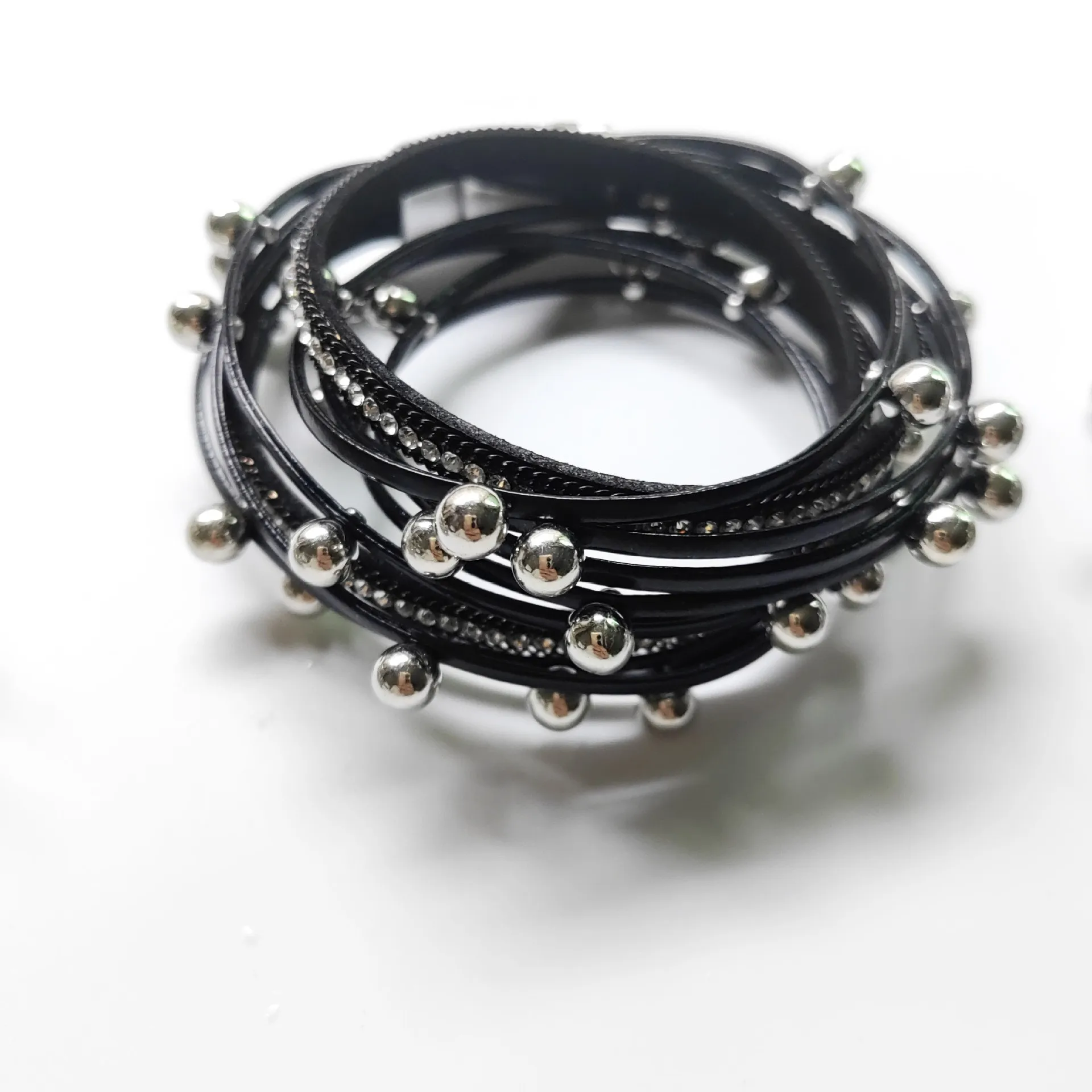 Bohemian style Original design Niche design sense Punk Diy bracelet Female Leather Alloy Hand-woven Beaded bracelet