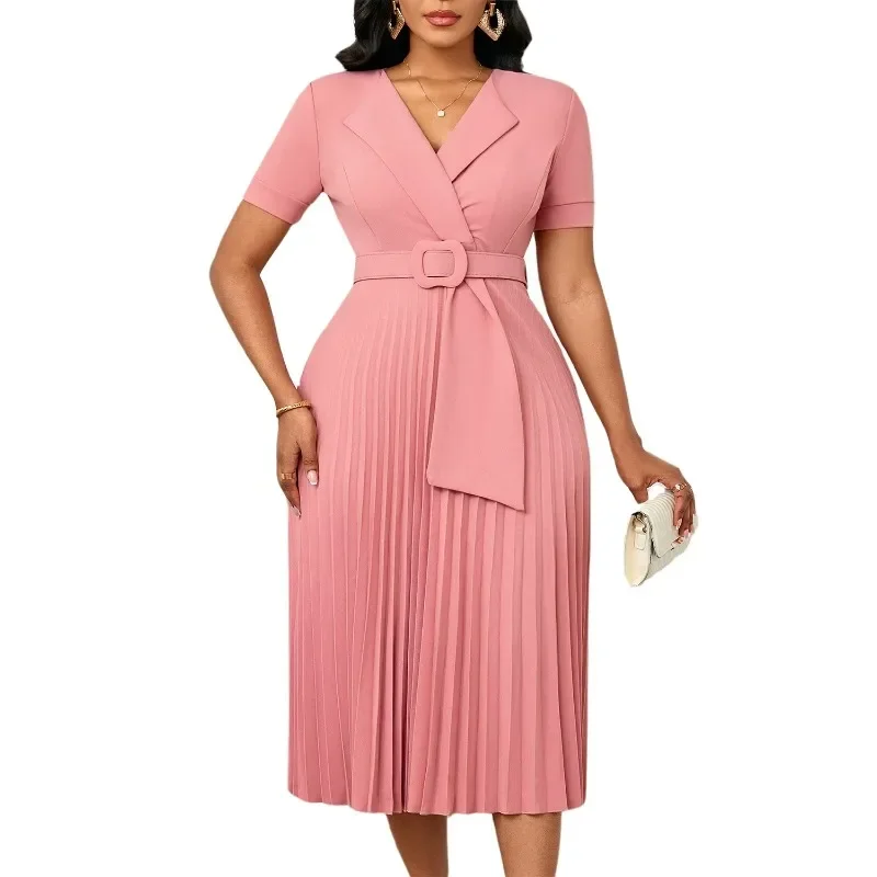 

Dashiki African Dresses for Women Autumn Elegant Short Sleeve V-neck Party Evening Pleat Midi Dress Africa Clothing