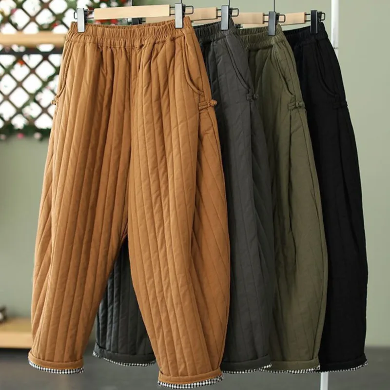 Pantalones de algodón acolchados gruesos Retro para mujer, ropa informal, cinturilla elástica, pantalones holgados y cálidos de tiro medio, novedad