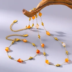 Gorgeous Orange Beige Necklace Bracelet Women Set Stainless Steel Nature Stones Beaded Pendant Female Necklaces Jewelry