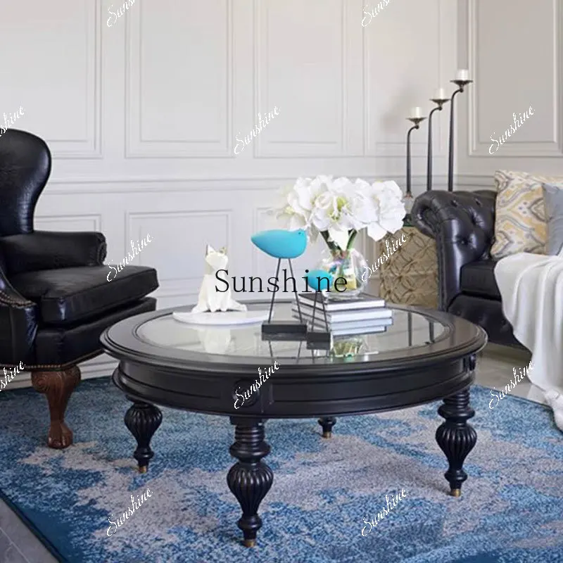 

American solid wood round coffee table retro living room carved coffee table TF