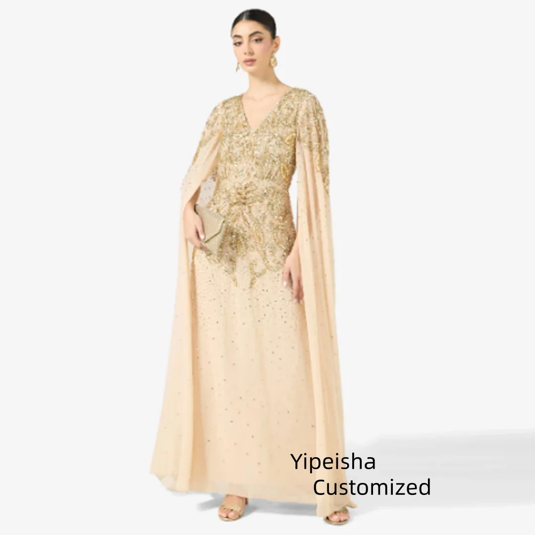 Maßgeschneiderte Luxus-Abendkleider mit V-Ausschnitt und Kristallen, Chiffon-Pailletten mit Cape-Ärmeln, formelles Abendkleid, knöchellanges Kleid