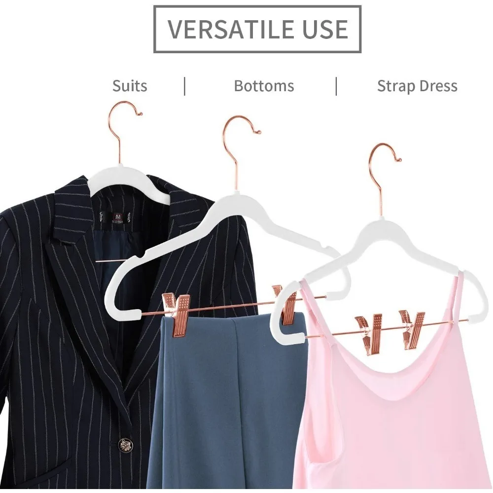 Space Saving Shirt Clothes Velvet Pants Slim Skirt Hangers with Clips Non Slip Felt Outfit Dress Hangers White Rose Gold Hooks