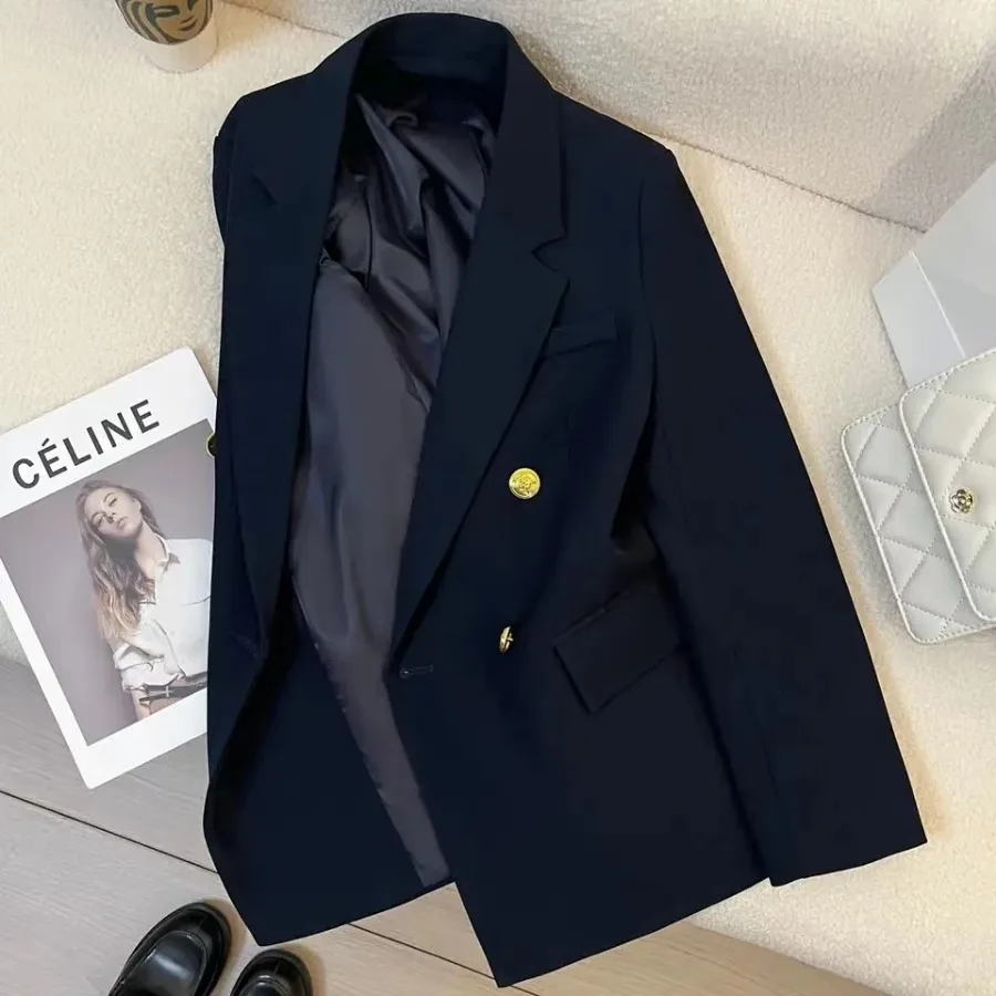 Casaco de manga comprida da Marinha feminino, blazer luxuoso high-end, terno de escritório, jaqueta feminina, roupas para primavera, outono, novo