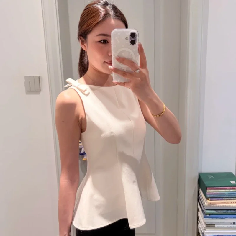 Spring/Summer Fashion New Bow Single Straight Collar Sleeveless Slim Fit Tank Top Solid Color Splicing Collection Waist
