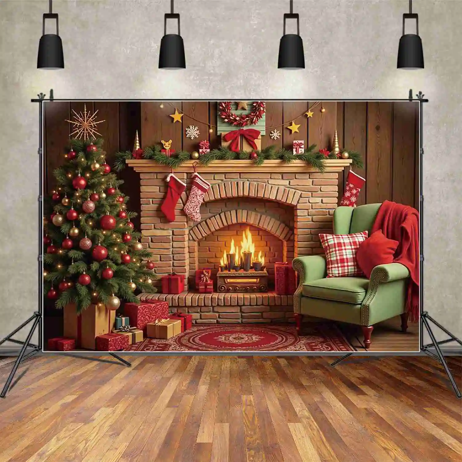 MOON.QG 2024 Christmas News Houses Backdrop Curtains Window Fireplace Photography Background Children Studio Photocall Supplier