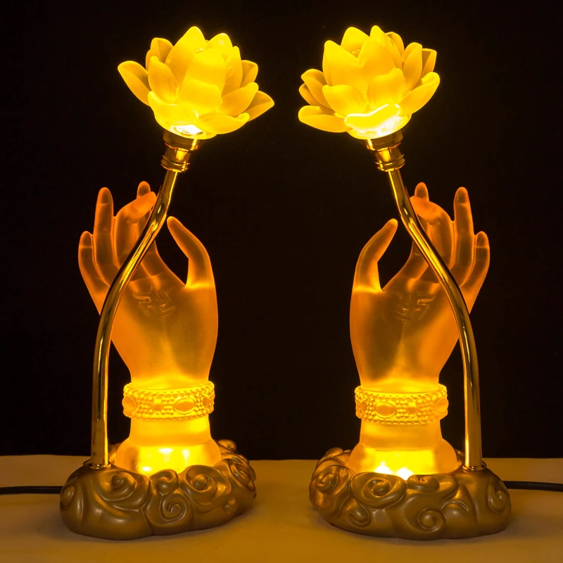 A Pair 2P Asia Buddhism supply HOME SHOP temple altar worship Guan yin buddha hand lotus flower crystal Plug-in buddha lamp 30cm