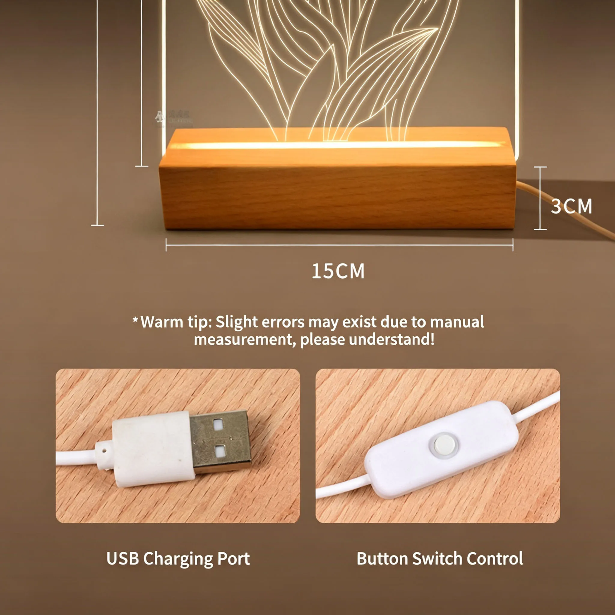 مصباح أكريليك ثلاثي الأبعاد بقاعدة خشبية – USB‑C - صورة 7