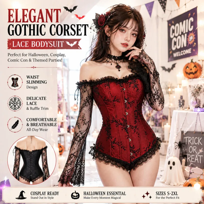 Women Gothic Punk T-shirt Y2K Lace Corset Bustier Off‑Shoulder Bodice Waist Trainer Shapewear Party Costume Fashion Tee Gift