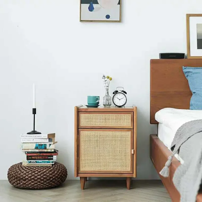 Nordic Solid Wood Rattan Nightstand Living Room Sofa Side Table Bedroom Storage Cabinet Hotel Furniture