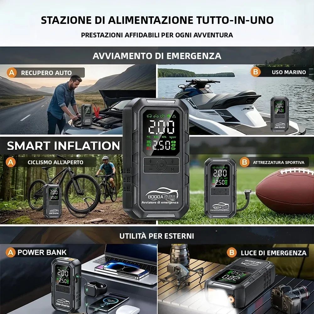 Peak 8000A Avviatore di Emergenza per Auto e Compressore d'Aria Combo Multifunzione Avviatore Portatile con Accensione Intelligente e Power Bank