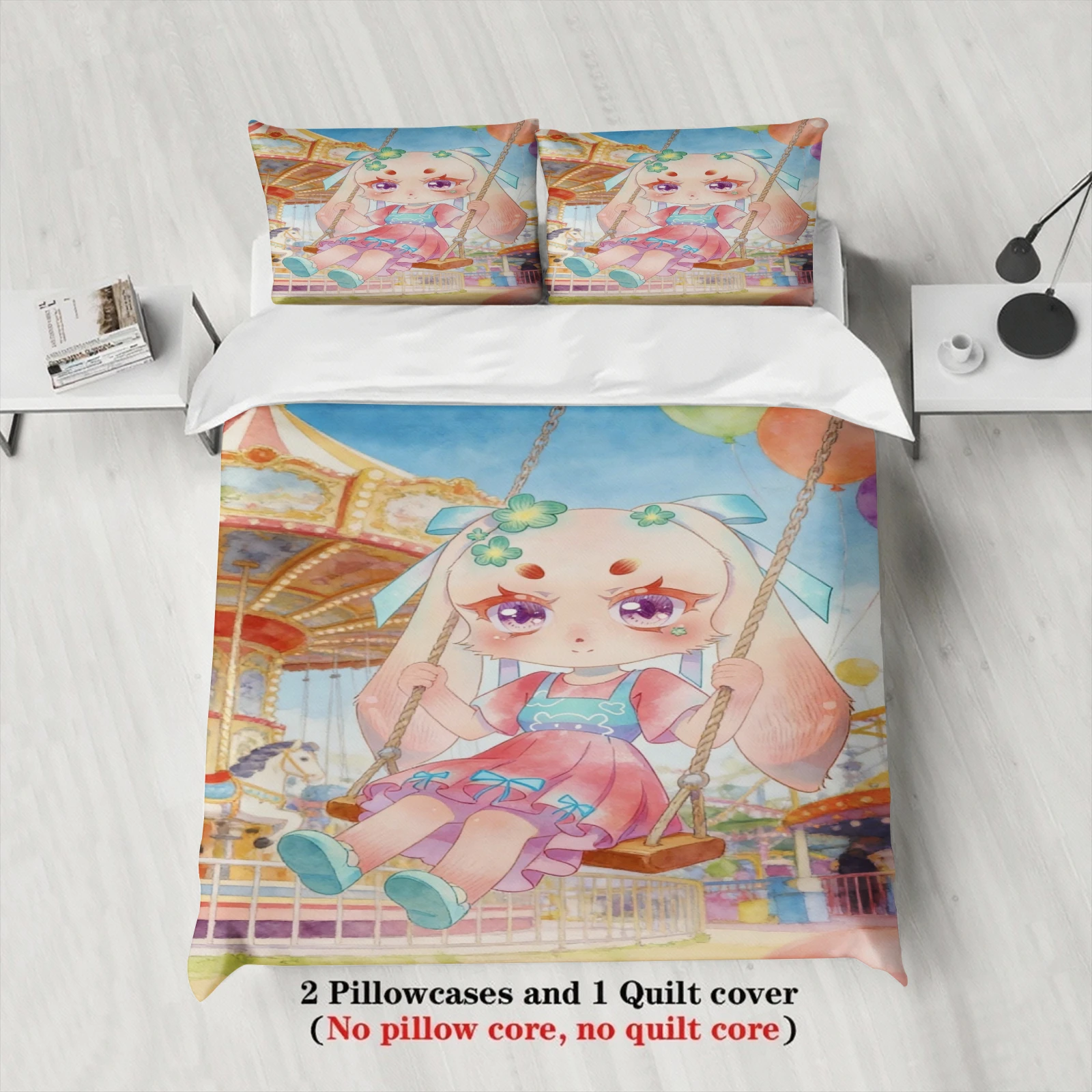 Softville Cozy Town 3PCS Bedding Sets Lop Rabbit Swing Above A Carnival Printed Duvet Cover No filling Cartoon Style Queen Size