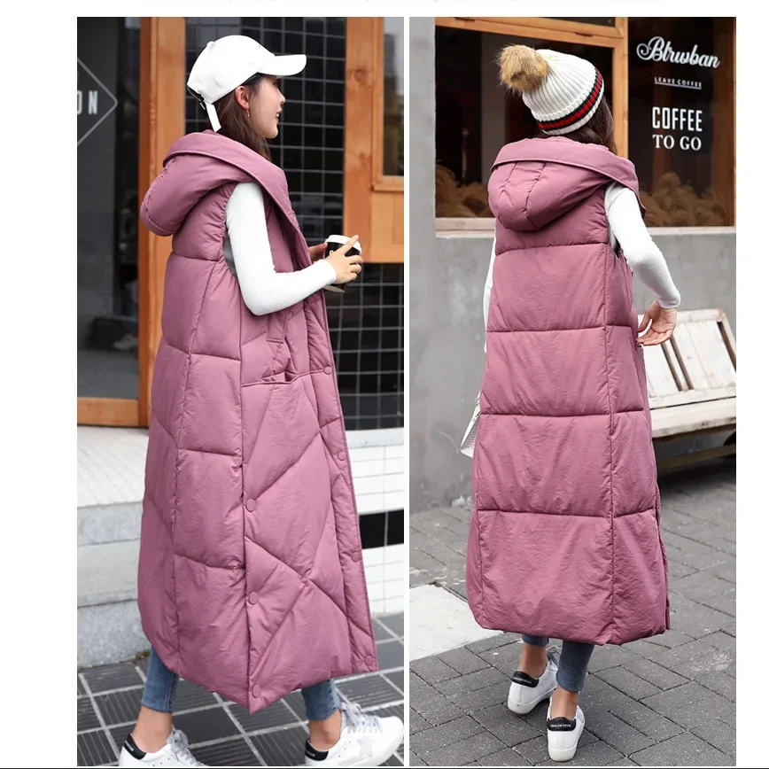 Down Cotton Vest Women Thick Sleeveless Splice Waistcoat Zipper Button Long Vests Parkas Hooded Solid Pocket Office Lady