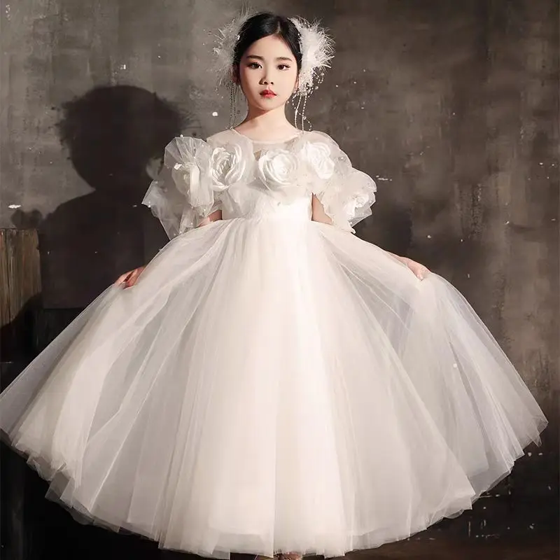 Jill Wish Luxury White Girl Dress Handmade Flowers Arabic Princess Kids Wedding Birthday Party Long Ball Gown 2025 J005 فساتي