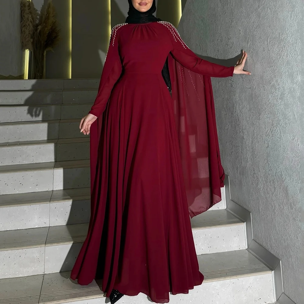 

Flechazo Chiffon Burgundy Evening Dress Long Sleeves A-Line Floor Length with Beading Customized Women Zipper Party Gowns