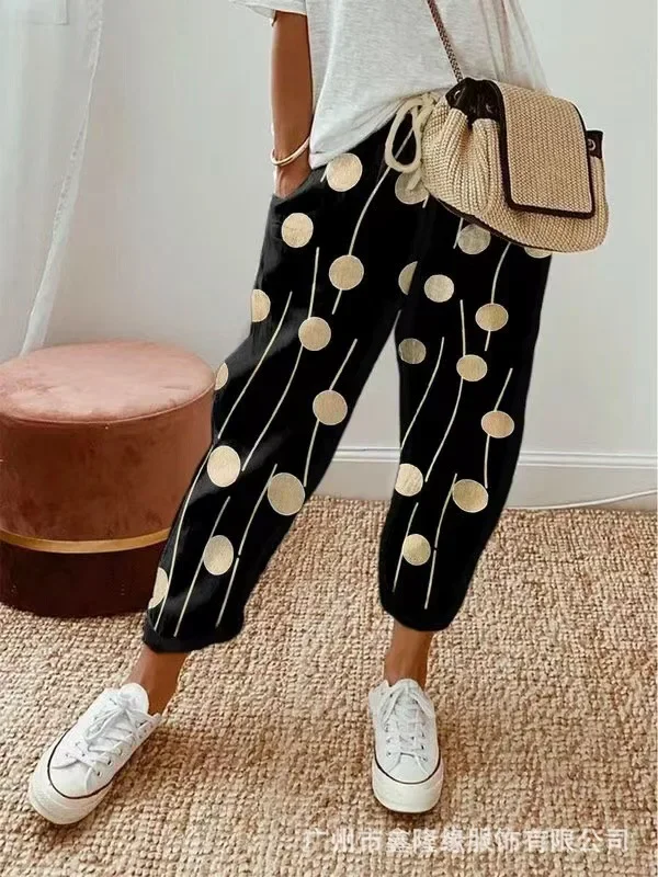 

Ethnic Retro Print Women Mid-waist Ankle Length Pant Summer Cotton Linen Pocket Straight Trousers Lady Casual Drawstring Overall