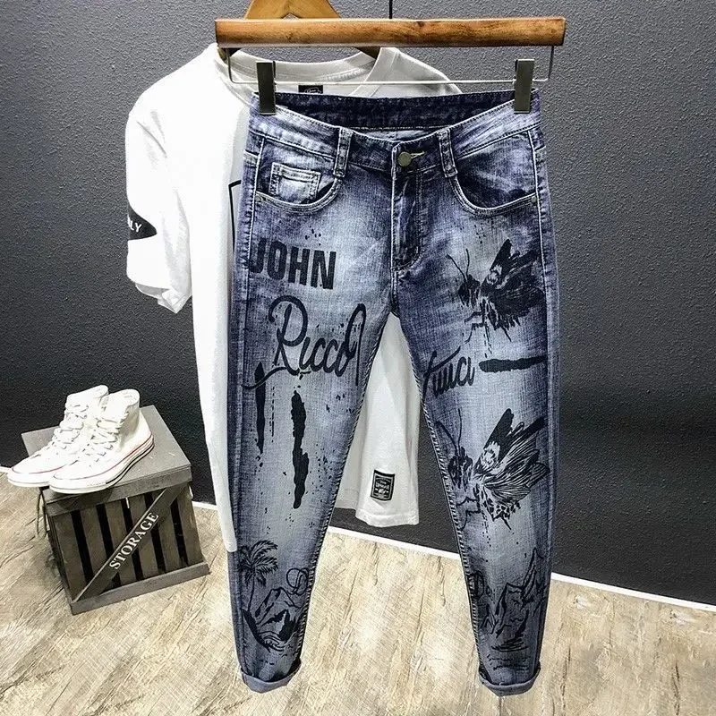 

Trousers Tapered Jeans for Men Goth Male Cowboy Pants with Print Light Blue 2024 Trend Korean Autumn Y2k Vintage Original Winter