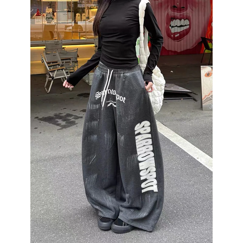 

YIBASHU American Retro Y2K Letter Printed Sports Pants Women Autumn Winter High Street Hip-hop Loose Casual Gray Wide Leg Pants