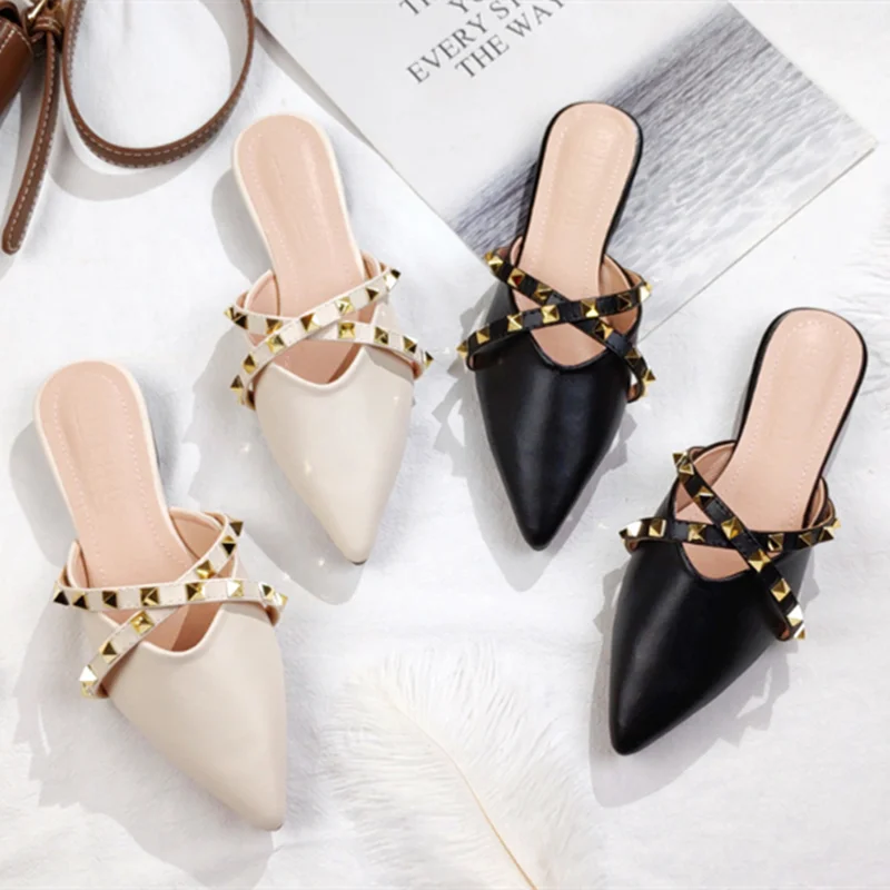 Lady Gold Rivets Slippers No Heels Summer Shoes Pointy Toe Retro Slides Outdoor Wide Fits EU48-33 29cm Footwear Beige Black Cute