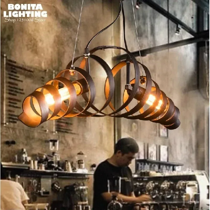 Retro Ox Horn Pendant Lamp Resturant Bar Coffee Shop Indoor Desgin Decoration Lighting Fixture Spiral Iron Hanging Chandelier