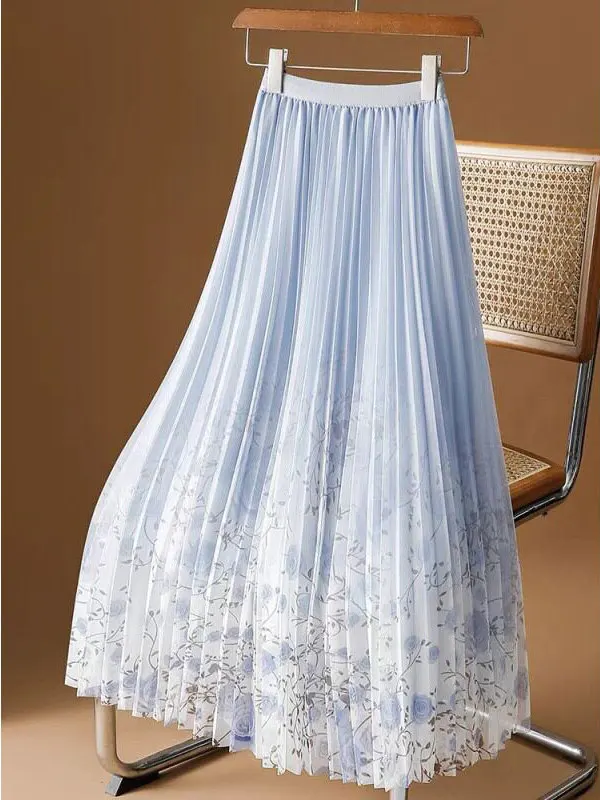 Floral Print Half Skirt Women's Spring Summer New Style Midi Length Gauze Skirt A-Line Long Skirt with Pleats High Waist Elas...
