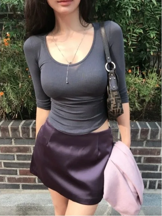 Women's T-shirt Side Gathered High Waist U-Neck Short Sleeve Long Sleeve Modal Fiber Curved Hemline Drawstring Casual Top