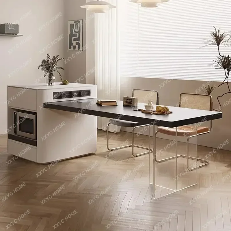 

Современный простой мобильный остров из каменной плиты, обеденный стол, встроенное телескопическое хранилище, микроволновая печь, акриловая подвесная черная средняя i