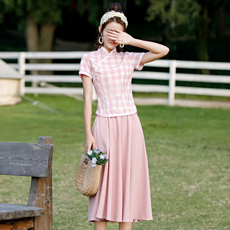 Faionable Retro Cotton  Set Girl's Improved Hanfu Dr Two-Piece Suit Summer 2025 New Arrival Ladies' Clothing