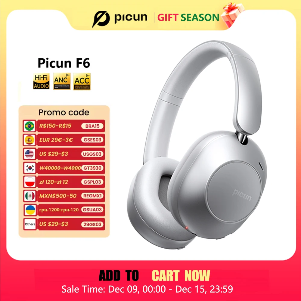 Picun F6 Active Noise Cancelling Wireless Headphones Head Tracking 3D Audio 40mm Hi-Res ANC Bluetooth Headset HIFI APP Control