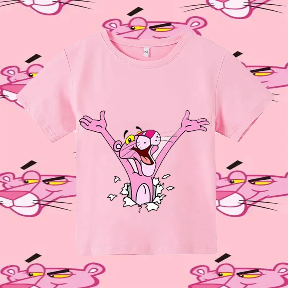 Pink Panther Cartoon Print Tshirt Girls Kids Clothes Cute Cat T-Shirt Children\'S Clothing Summer Tops Tee Shirt 100% Pure Cotton