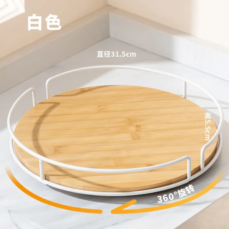 Wooden Rotating Storage Holder Tray Plate Racks for Kitchen with Iron Solid Wood Turntable Round Spice Rack