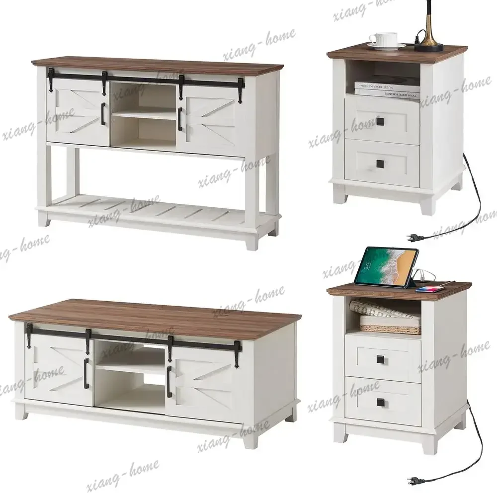 lsFarmhouse 4Piece Living Room Set, Entryway Console with Adjustable Shelves, Pair of 18 End Tables with Charging Station, Large