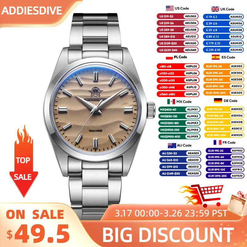 ADDIESDIVE Men's Watch Sand Dial 36mm Quartz Watch 100m Waterproof 316L Stainless Steel AR Coated Dome Glass WristWatch for Men