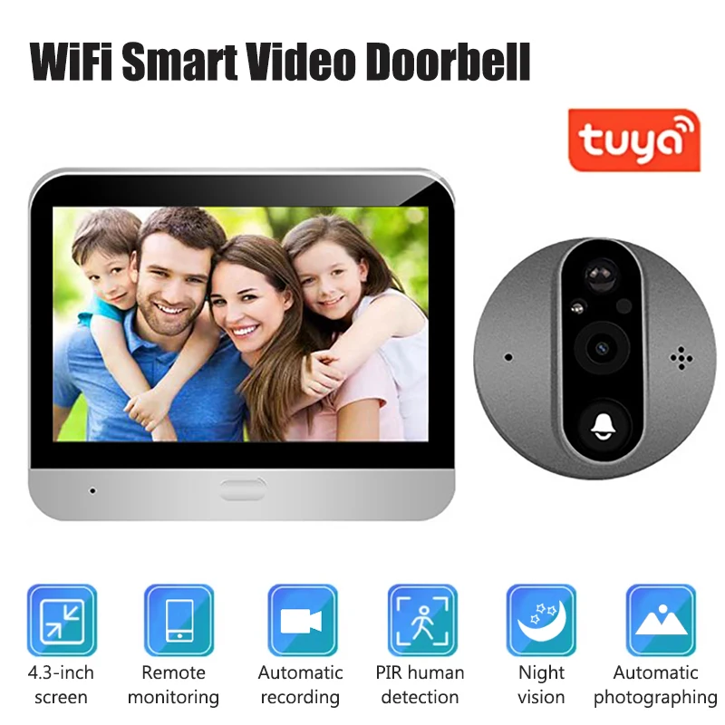 4.3 Inch WiFi Tuya Smart Video Doorbell 1080P Two-way Voice Intercom Door Eye Camera Home Security Night Vision Video Door Bell
