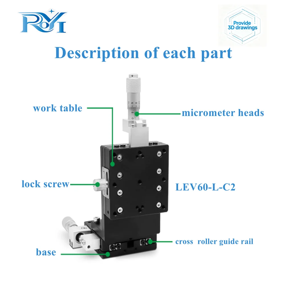 LEV60-L-C2 XZ 60x60mm Vertical Lift Manual Fine Tuning Platform Cross Roller Linear Guide Displacement Sliding Stage for Optical