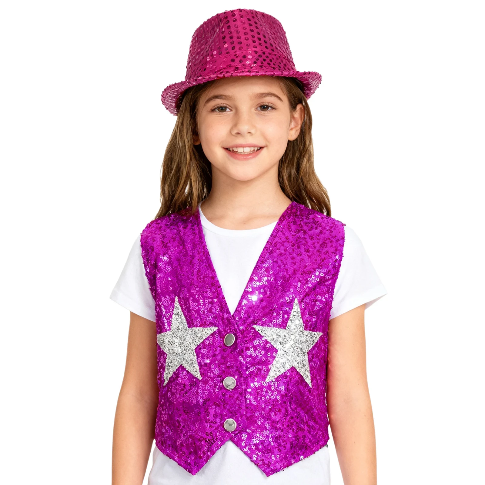 

Kids Girls Boys Sequins Jazz Hip Hop Dance Vest V Neck Buttons Waistcoat with Fedora Hat School Party Show Choir Stage Dancewear