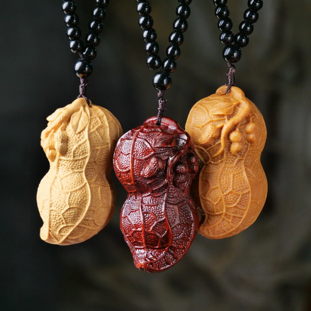Sandalwood Carved Good Luck Peanut Hand Piece Portable Pendant Wooden Craft Worry Toy Collectible Charm Home Decor Gift