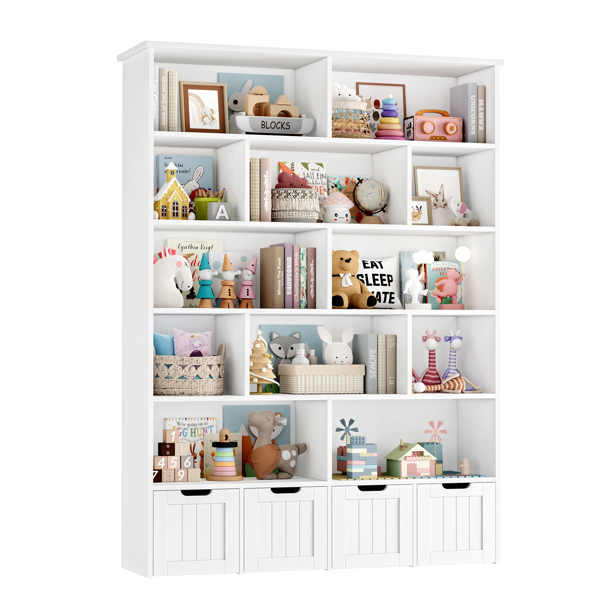Getone Kinderspeelgoedopbergkast Kinderboekenkast met 4 wielladen 13 planken Speelgoedorganizer Kinderboekenplank voor kinderkamer Spelkamer 125,5x33x175cm Wit/Roze