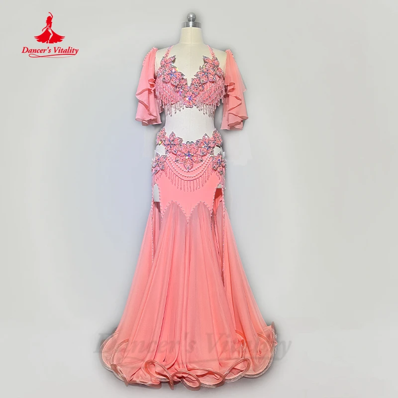 

Belly Dancer Competiton Clothing Suit Customsized Adult Children Stones Bra+sleeves+split Skirt 2pcs Oriental Bellydance Outfit