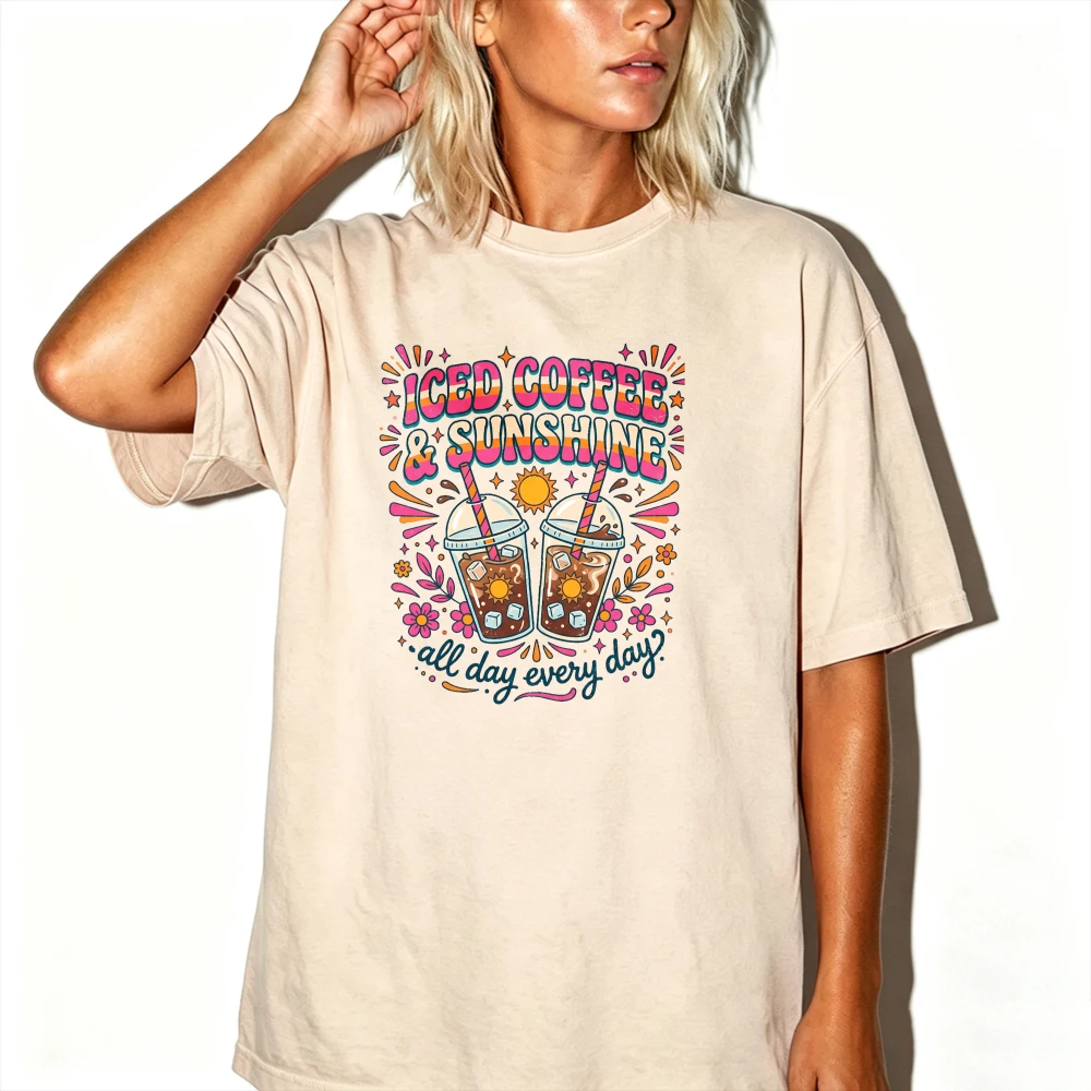 Retro Iced Coffee & Sunshine Floral Letter Graphic T-Shirt Women Vintage Coffee Cup Slogan Short Sleeve Crewneck Casual Tee Tops