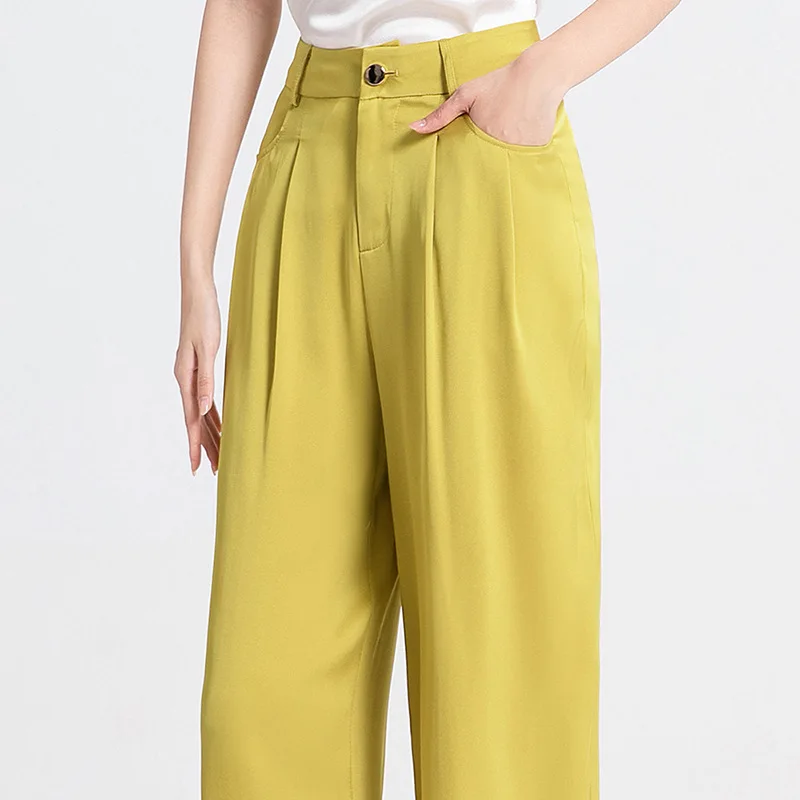 BirdTree, 95%Natural Silk Wide Leg Pants, Women High Waist Solid, Retro Casual Straight OL Trouser, 2024 Summer New B550120QM