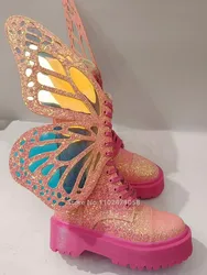 Pink Short Boots with Thick Bottom for Women, Butterfly Wing, Lace-Up, Mid-Calf, Chunky Bottom, Bling,Summer ,Fashion Design